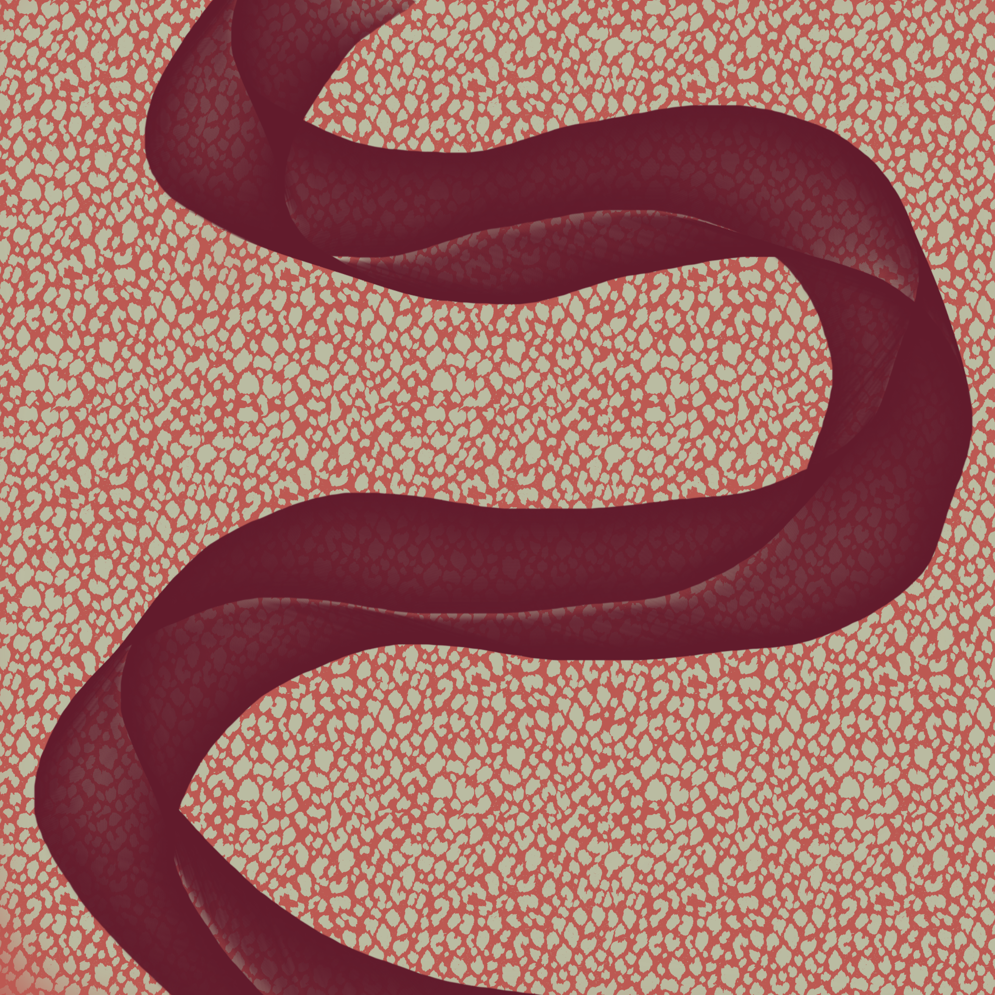 An abstract maroon ribbon snakes across a patterned background