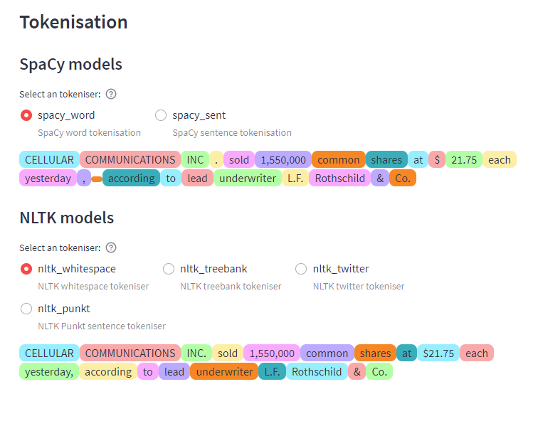 A preview of the tokenisation app